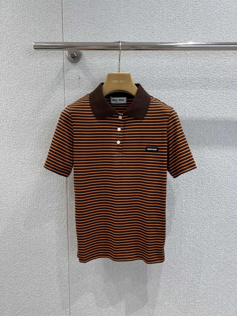 Miu Miu Short-Sleeve Polo Shirt in Brown and Orange Stripes, Slim Fit, Made in Italy