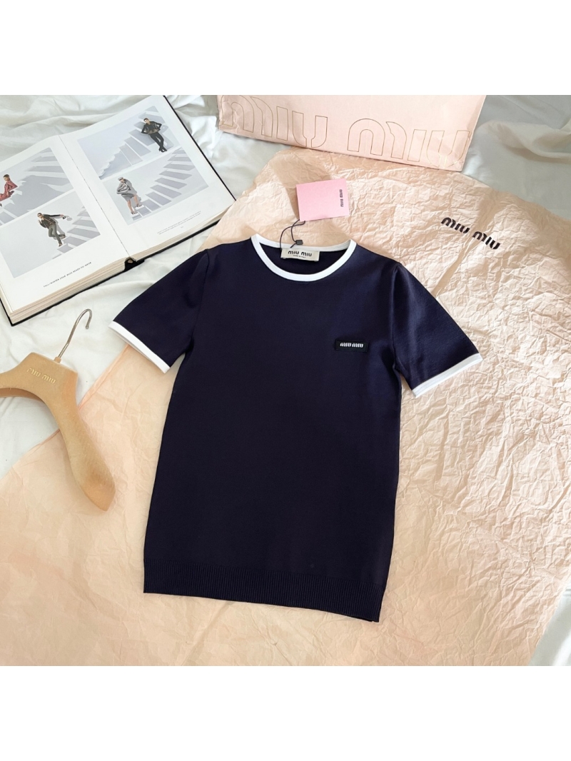 Miu Miu Deep Navy Blue Ringer Knit Top with White Ribbed Trim - Short Sleeve Crew Neck