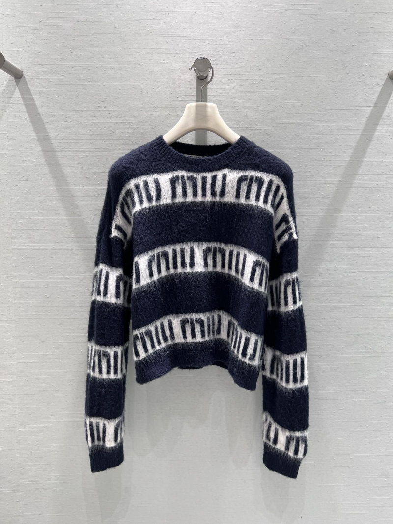 Miu Miu Mohair Logo Sweater - Navy & Cream, Cropped Knit, Short Sleeve