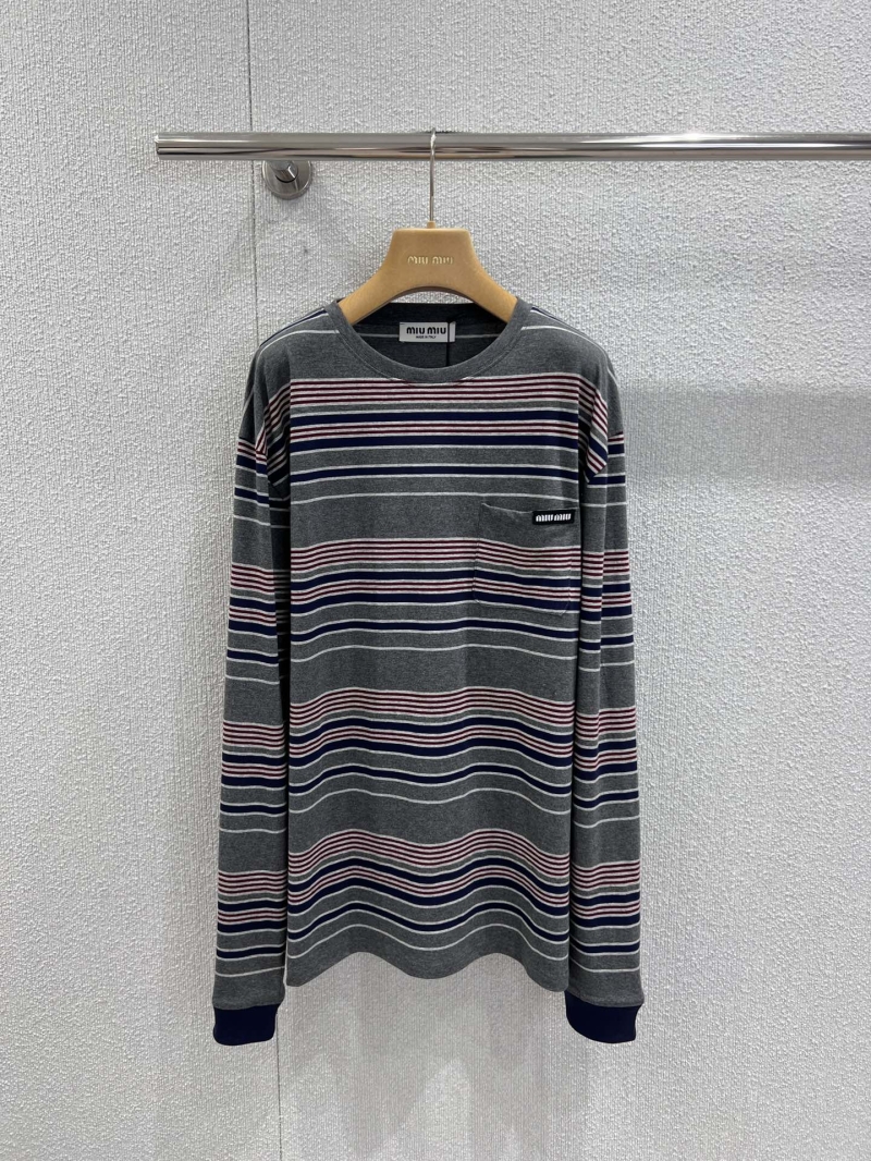 Miu Miu 25Fw Autumn Winter Long Sleeve Striped T-Shirt in Retro Color Blocking - Oversize Fit, Soft Cotton Blend, Made in Italy