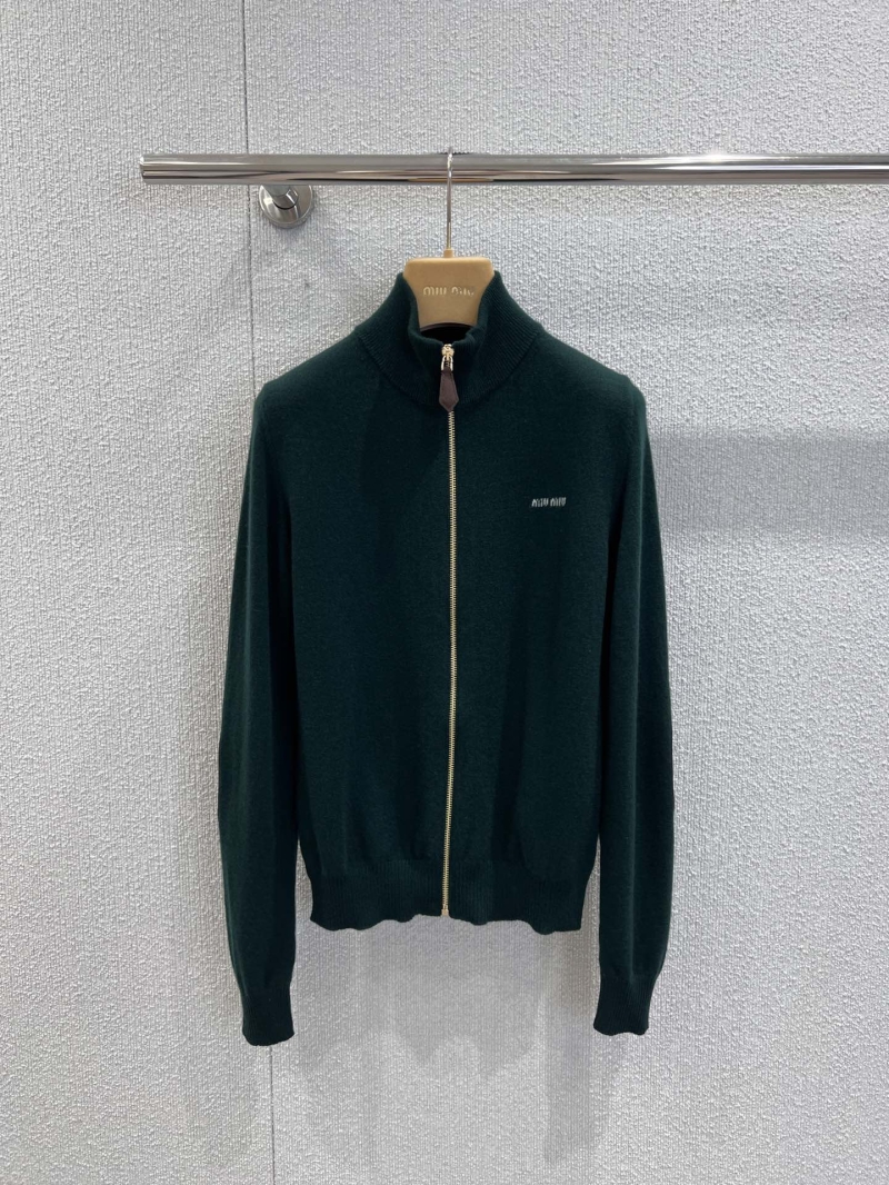 Miu Miu Dark Green Zip-Up Mock Neck Cashmere Knit Cardigan | Limited Edition Artisan Craftsmanship, Vintage Sweet & Cool Aesthetic