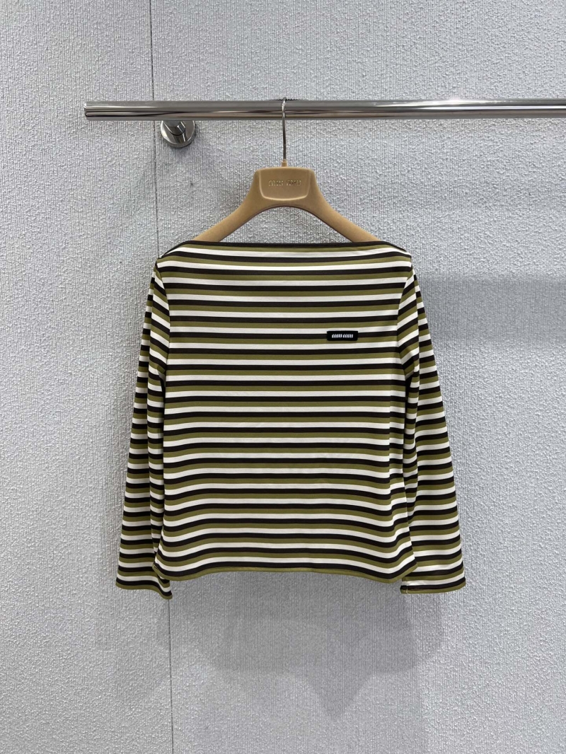 Miu Miu 25FW Early Autumn Off-Shoulder Striped Long Sleeve T-Shirt and Skirt Set in Olive Green, Black, and White
