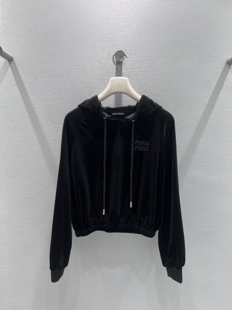 Miu Miu Black Velvet Cropped Hoodie and Wide-Leg Pants Set - Plush Velvet Fabric, Hooded Design, Adjustable Drawstring Waist