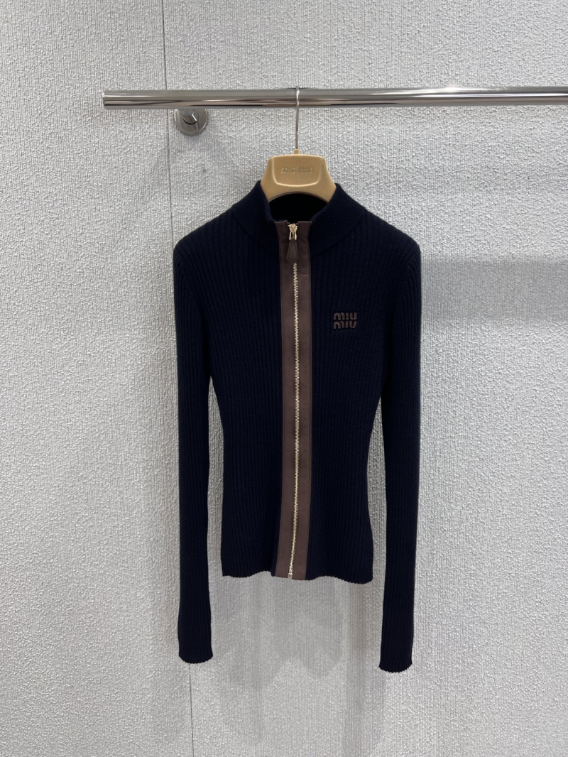 Miu Miu Mock Neck Zip-Front Knit Cardigan in Navy with Brown Accents