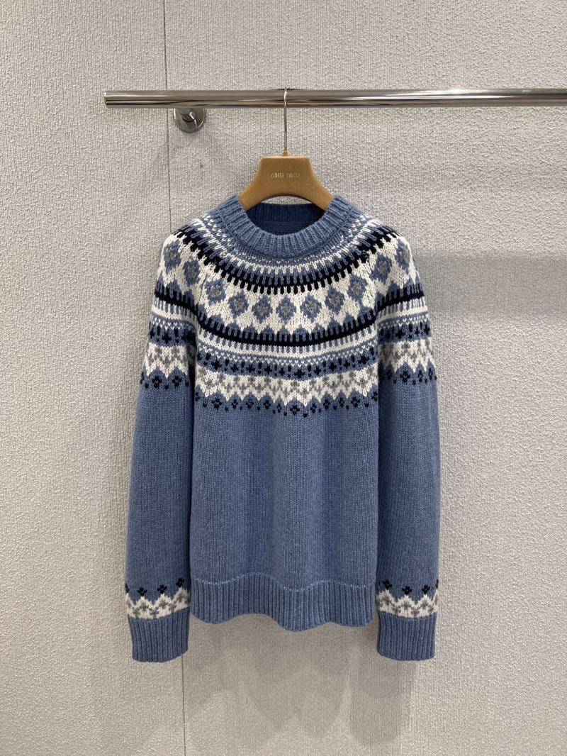 Miu Miu Fair Isle Wool-Blend Knit Sweater in Haze Blue | Oversize Fit | Nordic Pattern