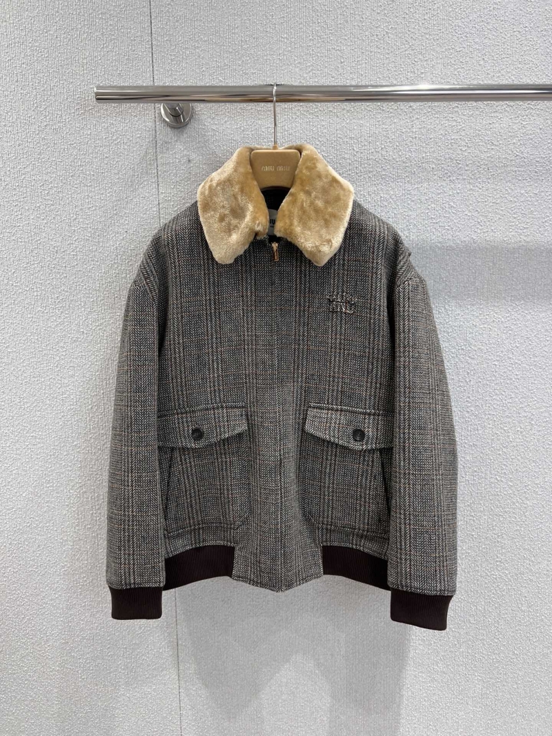 Miu Miu Herringbone Wool Bomber Jacket with Detachable Faux Fur Collar