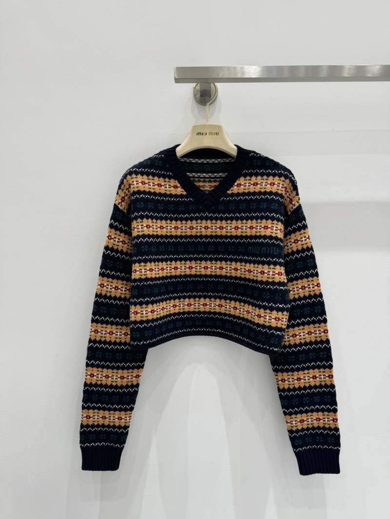 Miu Miu Fair Isle Cropped V-Neck Sweater – Exquisite Artisan Knitwear in Navy Blue with Autumnal Color Palette