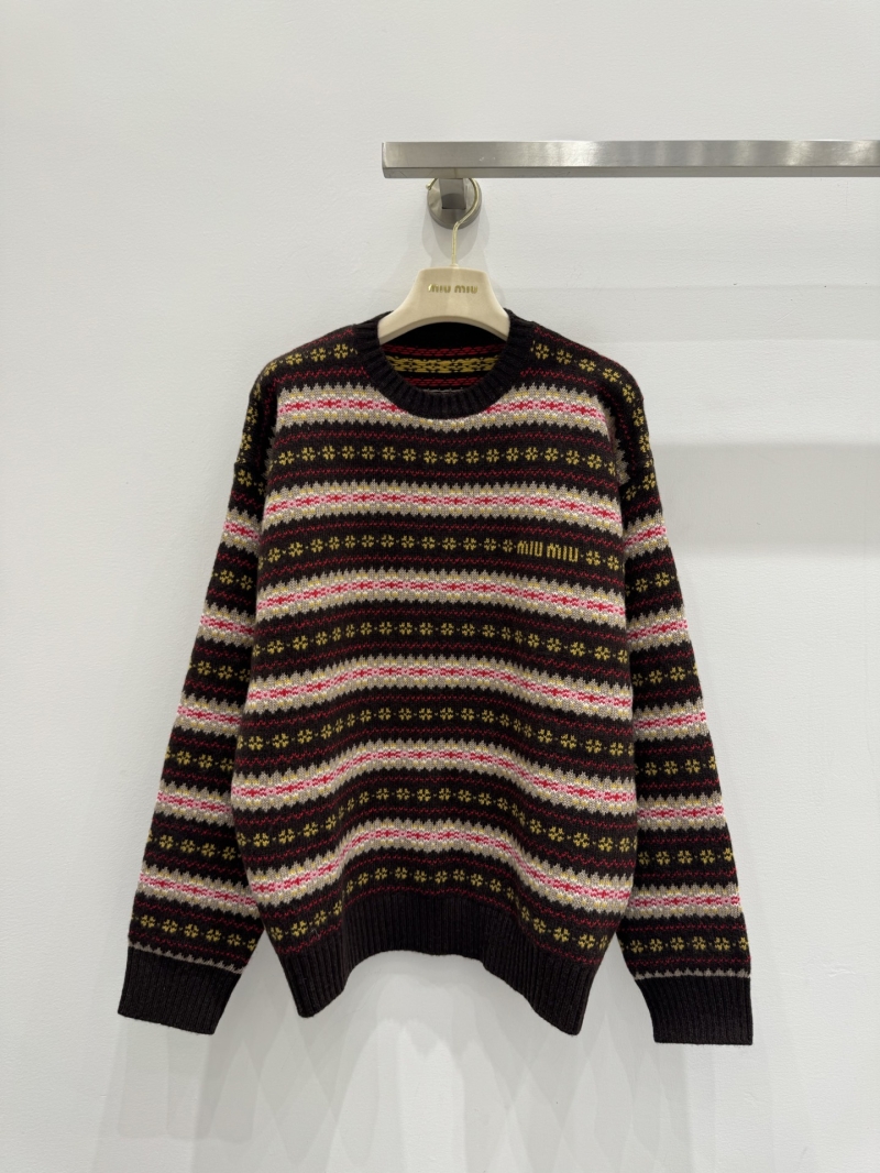 Miu Miu Fair Isle Knit Sweater, Long Sleeve Crew Neck with Striped Pattern, Charcoal Black with Red, Pink, Beige, and Yellow Accents