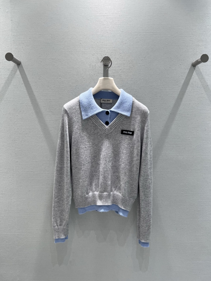 Miu Miu Knit Sweater with Shirt Collar - Light Gray with Light Blue Trim, Cropped Fit