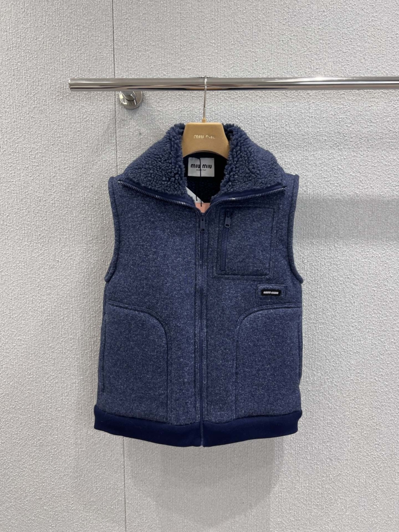 Miu Miu Women's Sherpa-Lined Wool-Blend Vest in Heathered Navy Blue | Sleeveless Gilet with Logo Patch, Front Zipper & Pockets