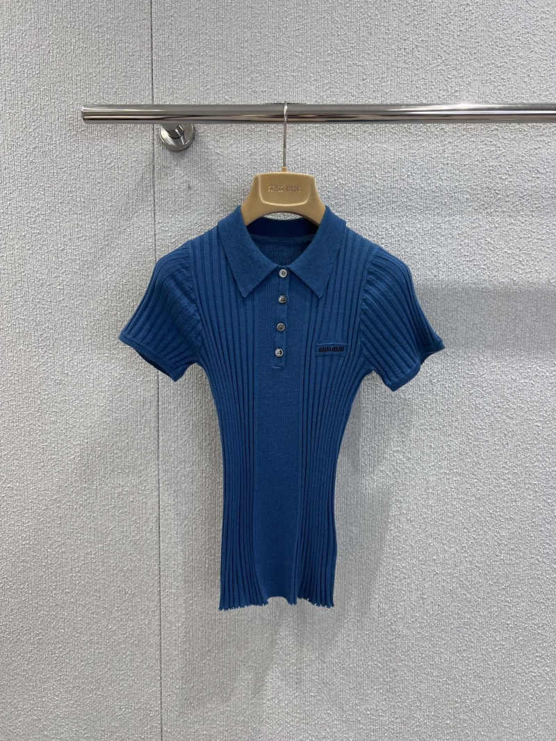 Miu Miu Short-Sleeve Polo Shirt in Rich Navy Blue, Ribbed Knit Fabric with Embroidered Logo