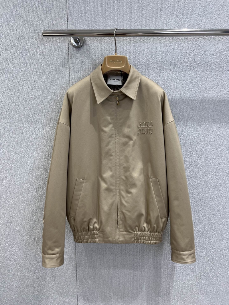 Miu Miu 25FW Shearing Wool Bomber Jacket in Taupe | Dropped Shoulder, Drawstring Waist, Embroidered Logo