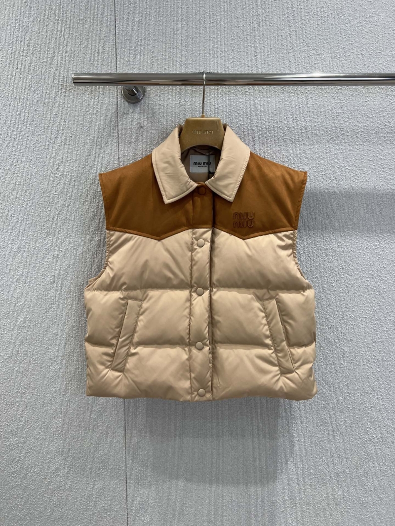 Miu Miu Quilted Puffer Vest with Leather Trim and Collar | Two-Tone Luxury Outerwear | 90% White Duck Down Filled | Layering Essential