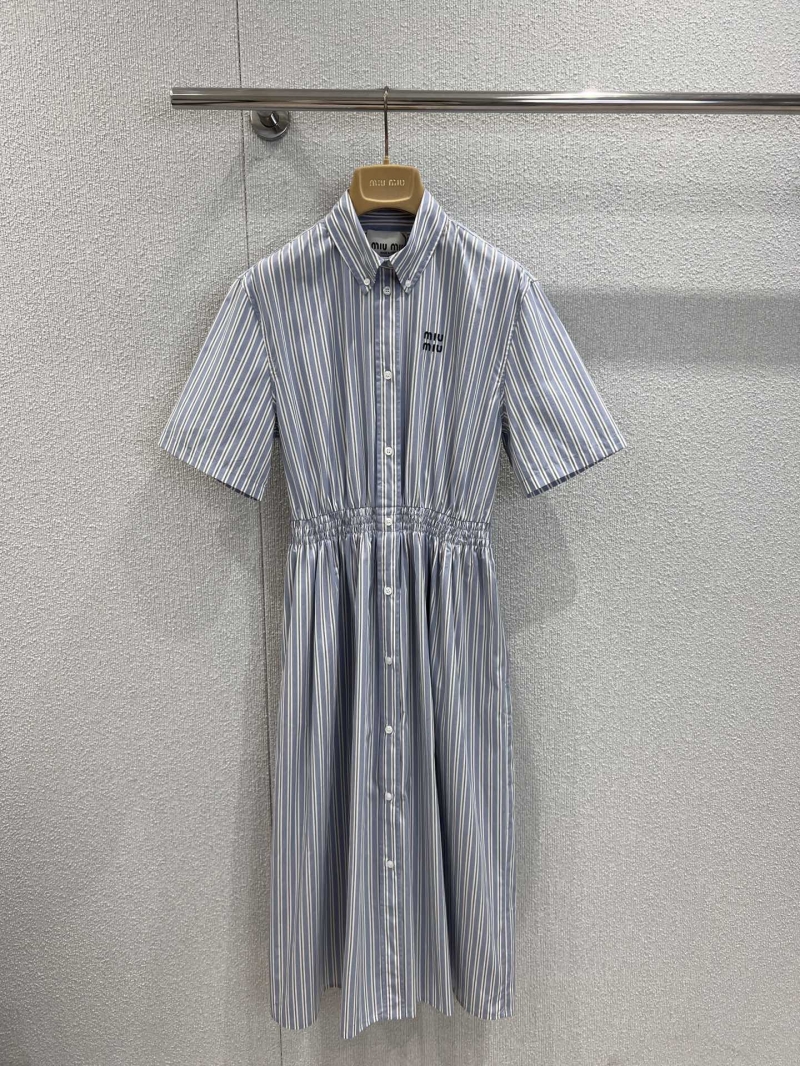 Miu Miu Spring/Summer Striped Short-Sleeve Shirt Dress - Elegant College Style