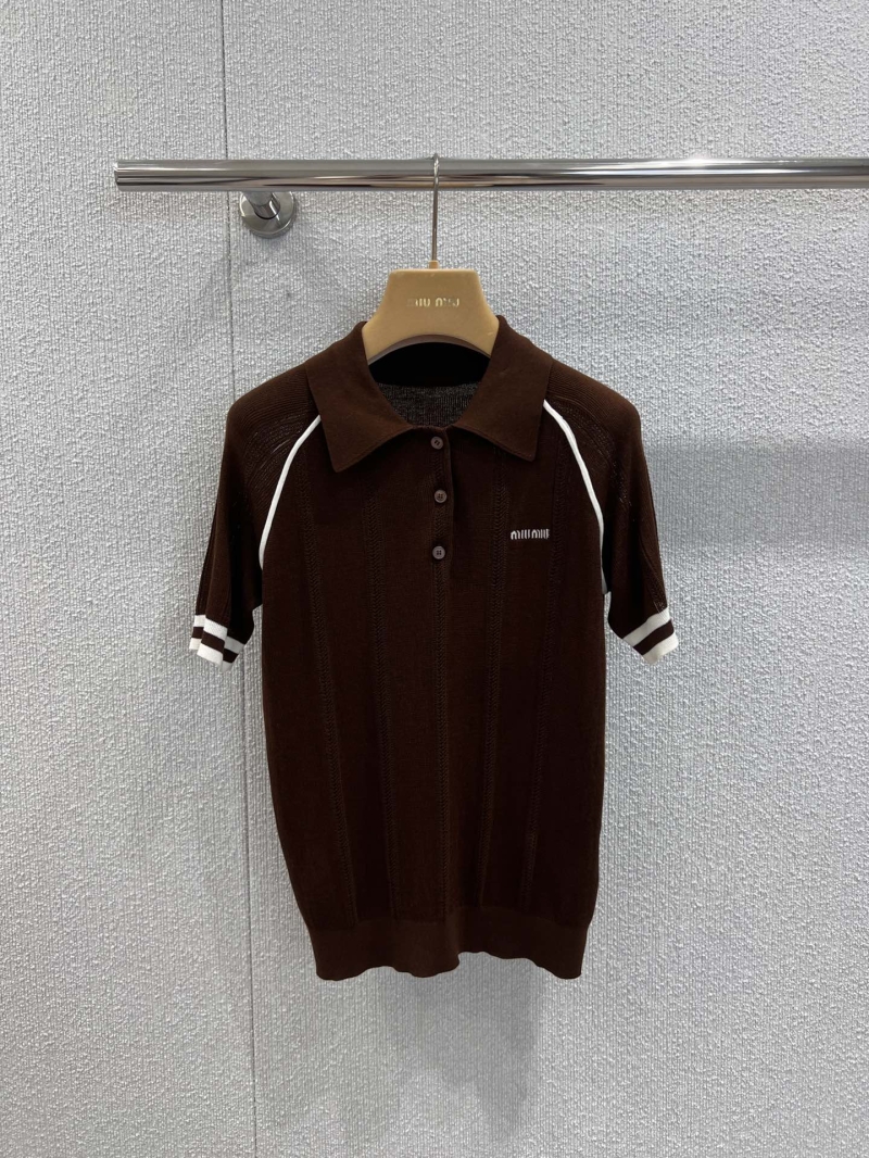 Miu Miu 25SS Spring Summer College Style Striped Knit Polo Shirt - Exclusive Soft Cotton Blend