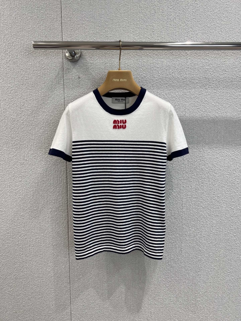 Miu Miu 25SS Cotton Striped Knit Top - Exclusive Slim-Fit Design