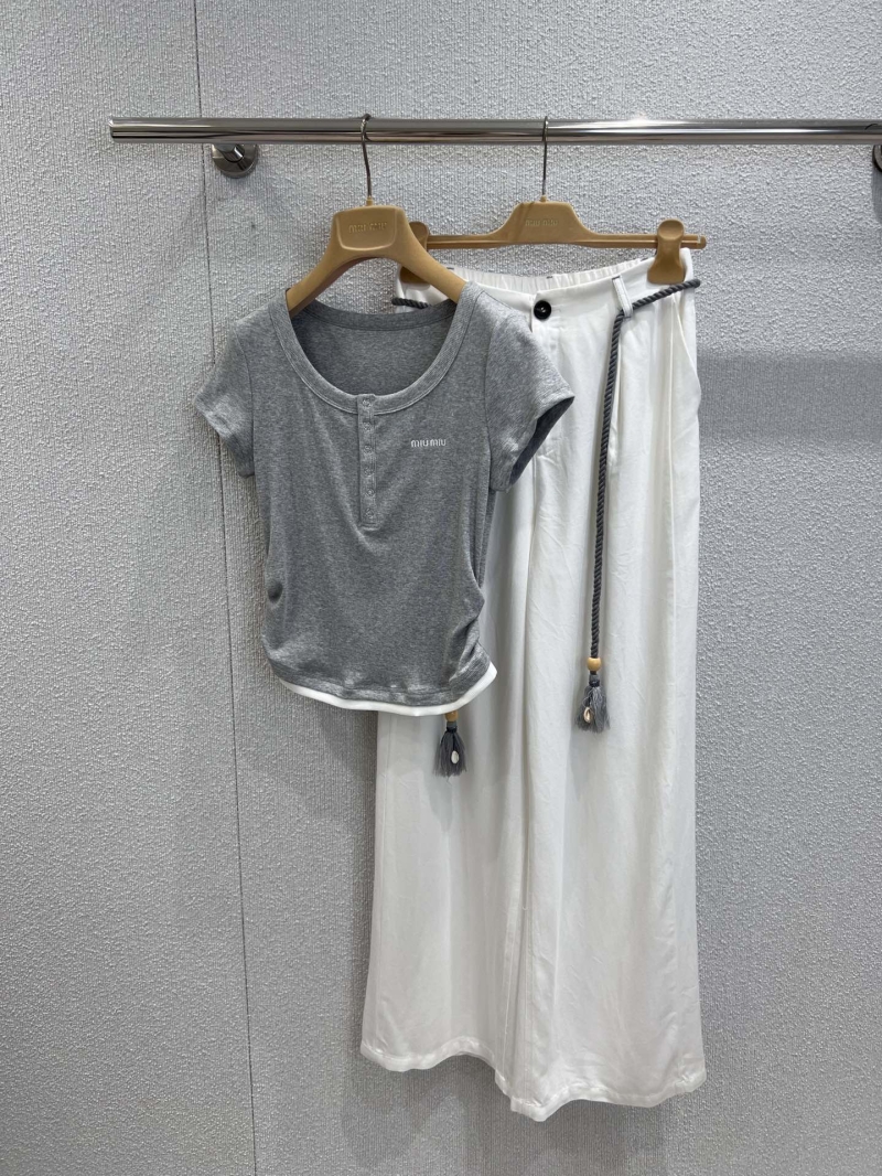 Miu Miu 25SS Spring Summer Embroidered Cotton Top & Tencel Denim Wide-Leg Set in Grey - Exclusive Chic Design