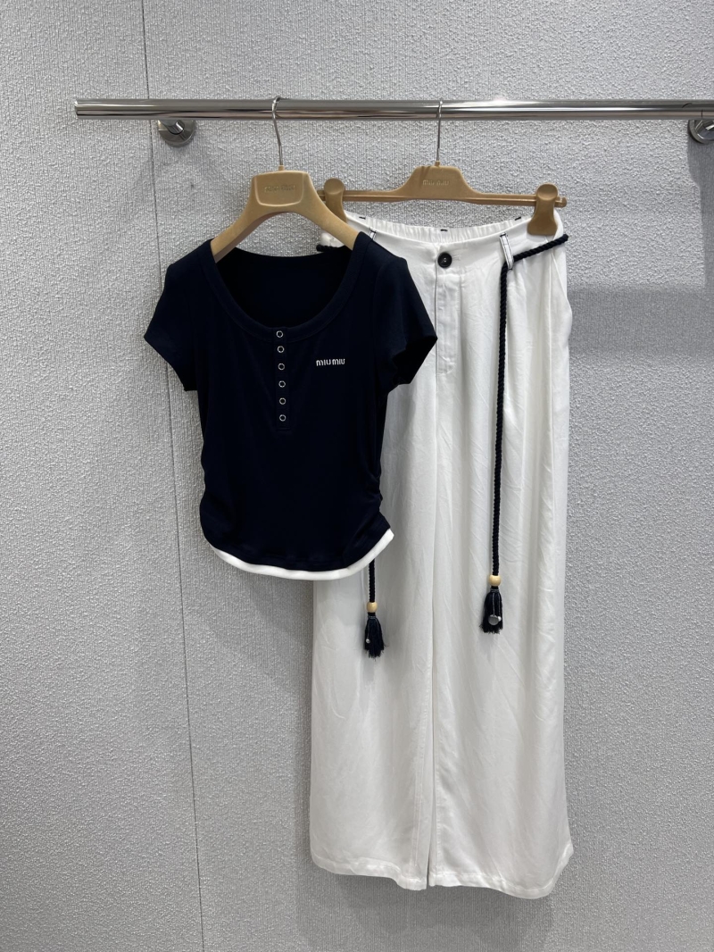 Miu Miu 25SS Embroidered Cotton Top & Tencel Denim Wide-Leg Set | Exclusive Chic Design