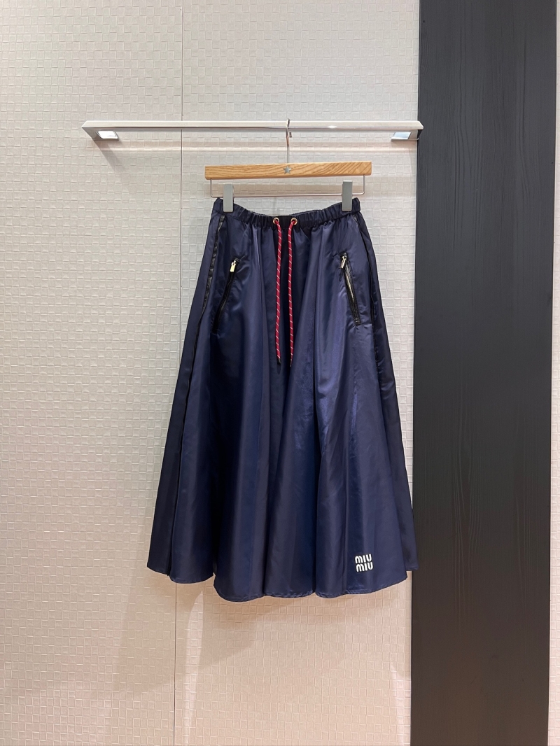 Miu Miu Red Rope Accent Nylon A-Line Skirt in Navy Blue