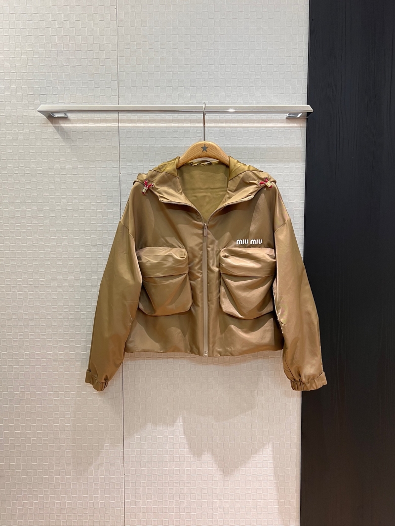 Miu Miu Red Rope Hooded Nylon Windbreaker Jacket in Khaki - Chic & Versatile