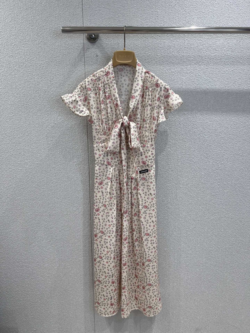 Miu Miu 25FW Early Autumn Floral Print V-Neck Tie-Bow Waist Dress
