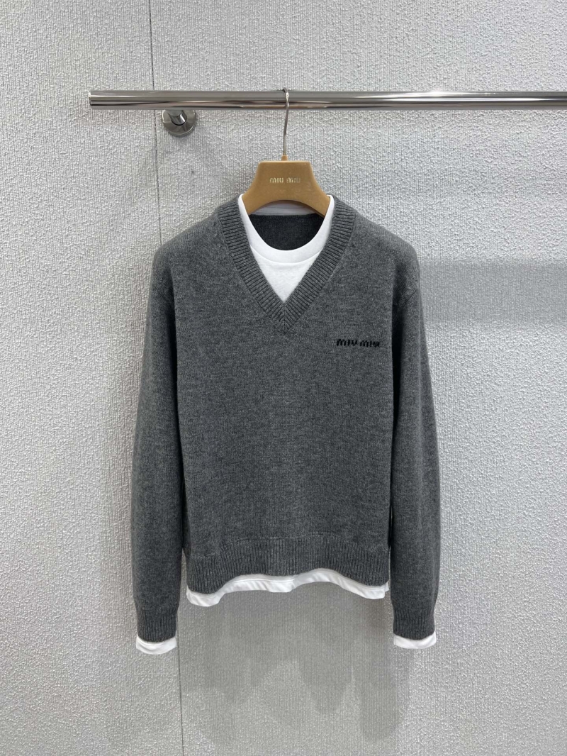 Miu Miu Grey Faux Two-Piece V-Neck Long Sleeve Knit Sweater - Luxe Cashmere Wool Blend