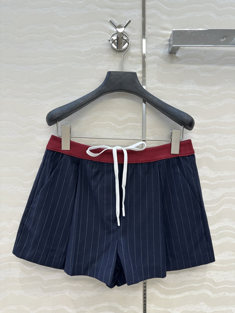 Miu Miu Exclusive Navy Blue Striped Wool Shorts with Contrast Ribbon Waistband