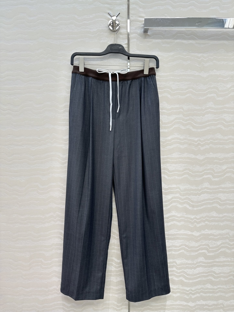 Miu Miu Exclusive Luxe Straight-Leg Trousers in Grey Stripe with Contrast Ribbon Waistband