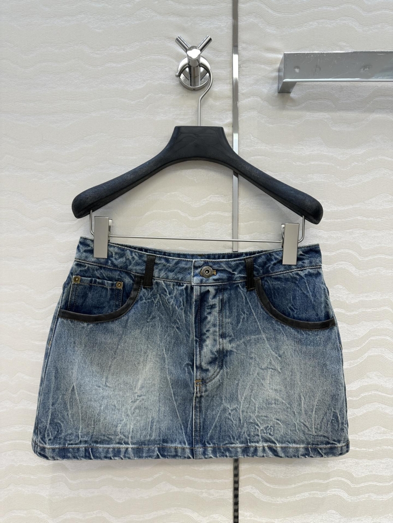 Miu Miu Exclusive Early Autumn Denim Mini Skirt - Retro Washed with Leather Trim