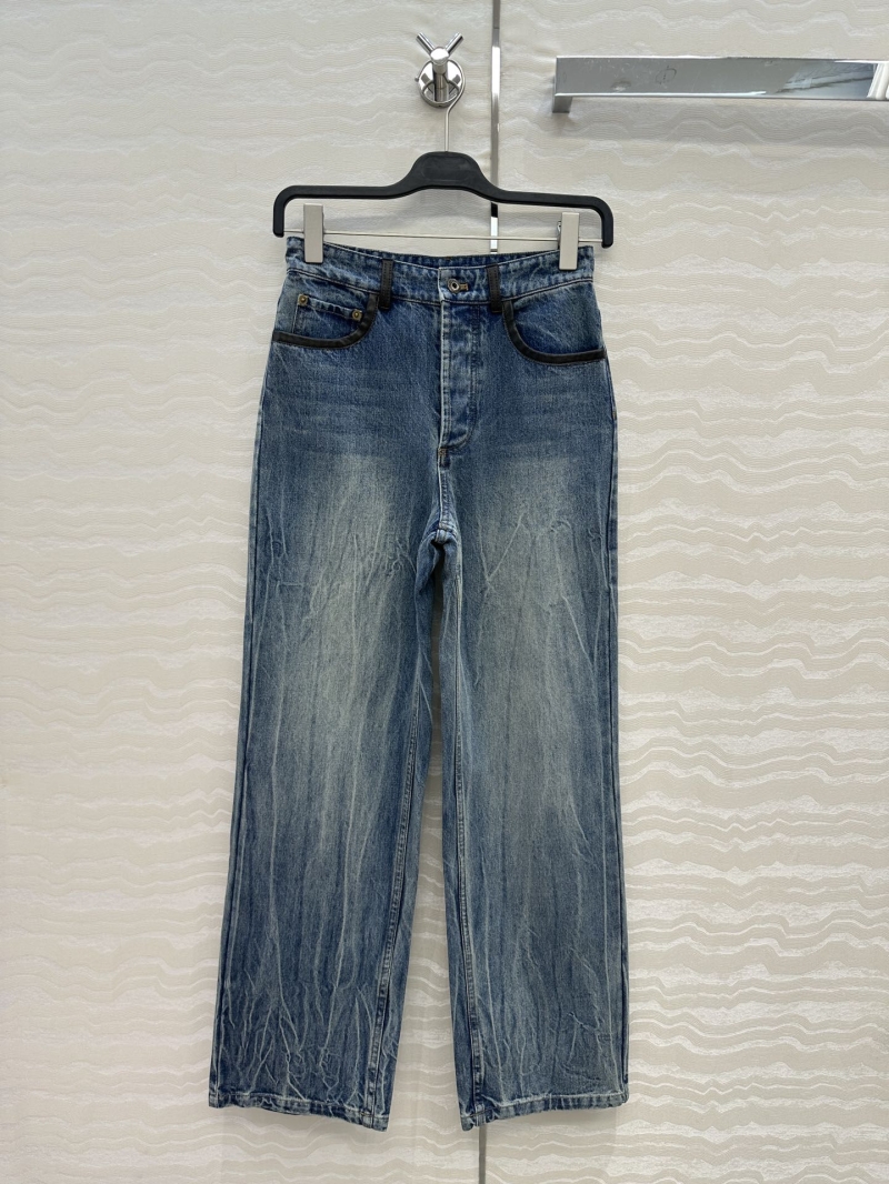 Miu Miu Exclusive Early Autumn Vintage Denim Straight Leg Pants - Retro Washed with Leather Trim