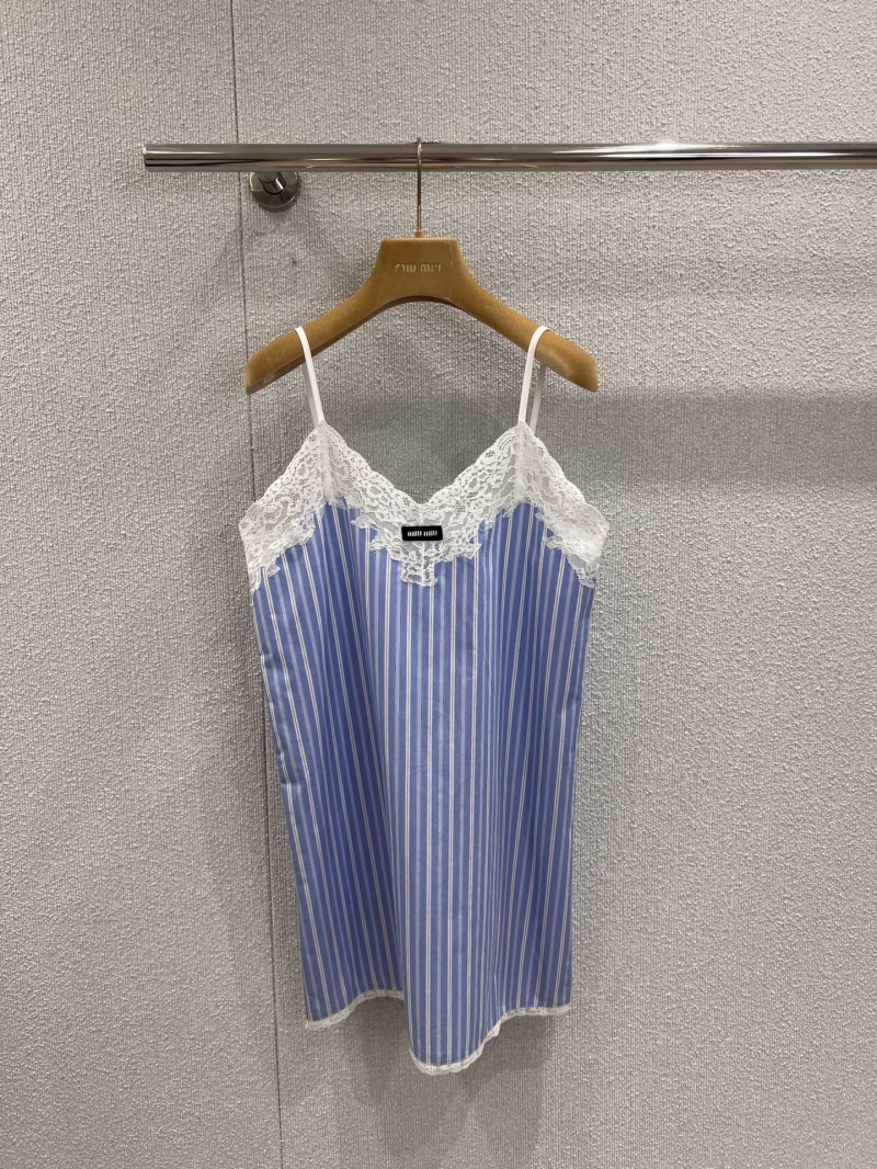 Miu Miu Blue & White Striped Lace Trim V-Neck Sleeveless Dress