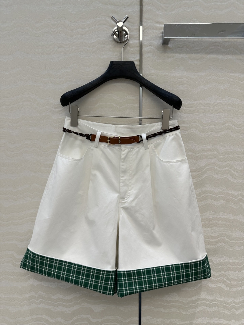 Miu Miu Exclusive Luxe Green & White Checkered Shorts with Metal Buckle Belt