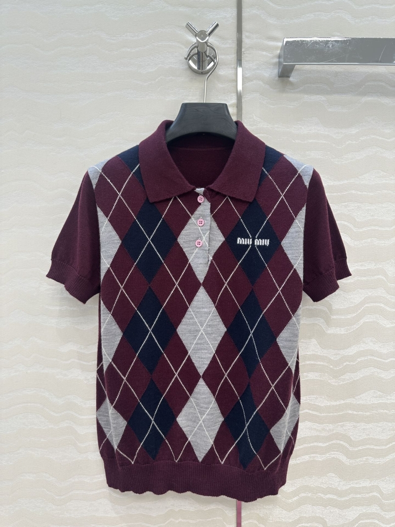 Miu Miu Luxe Argyle Polo Collar Short Sleeve Top in Mulberry - 100% Premium Imported Wool