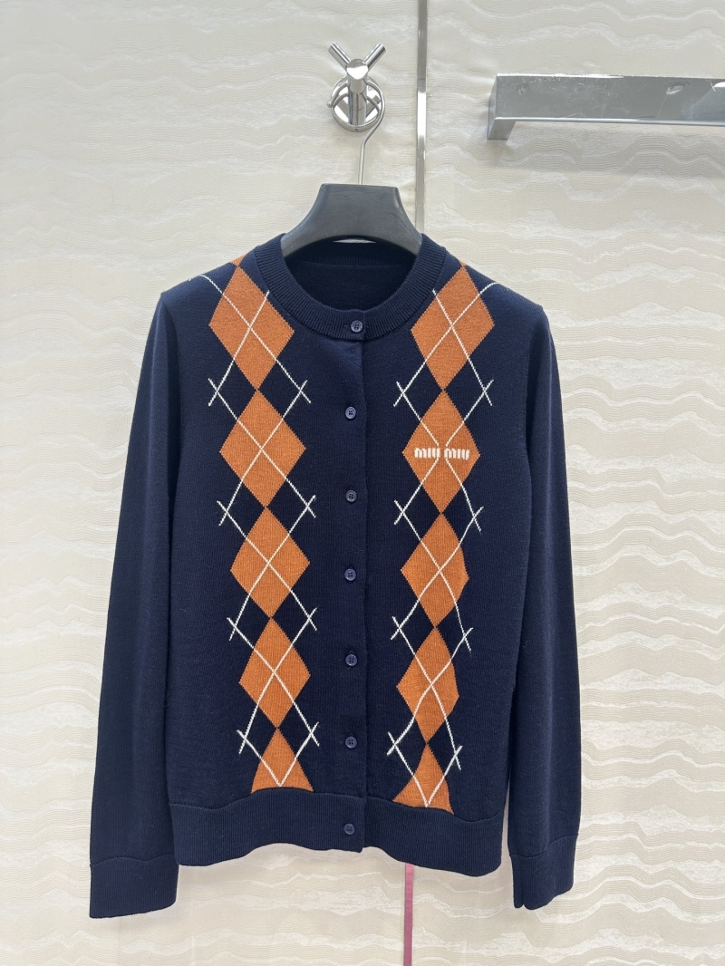 Miu Miu AGRYLE Argyle Pattern Round Neck Cardigan in Blue & Orange - 100% Pure Wool