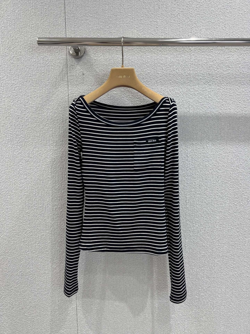 Miu Miu Early Fall Collection Off-Shoulder Tencel Wool Striped Base Layer Shirt in Navy & White