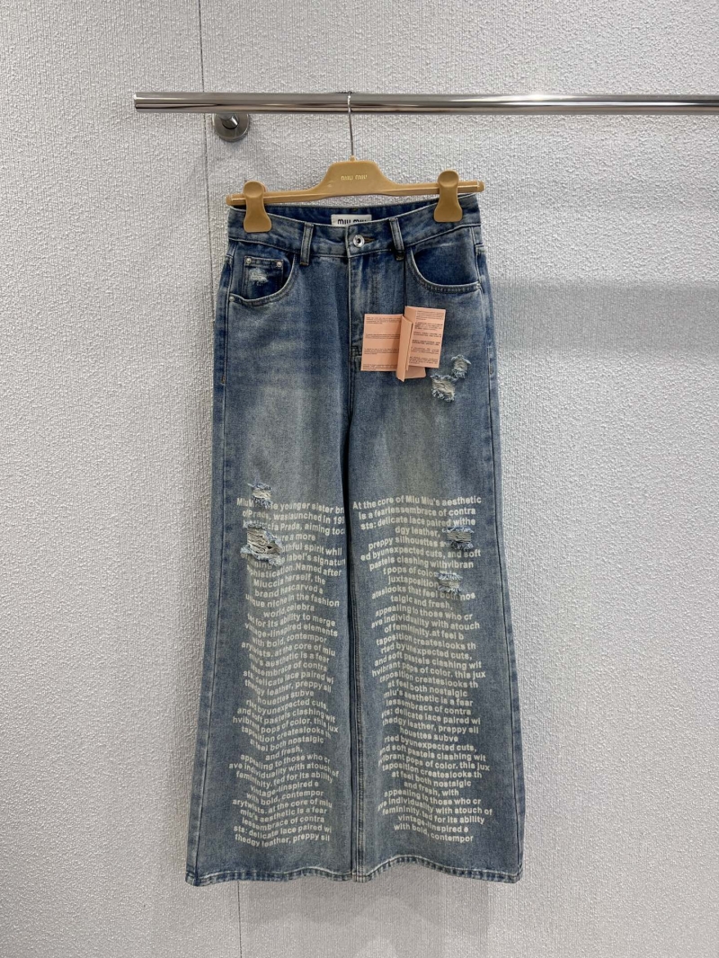 Miu Miu 25Fw Early Autumn Distressed Denim Jeans - Light Blue with Printed Text & Wide-Leg Silhouette