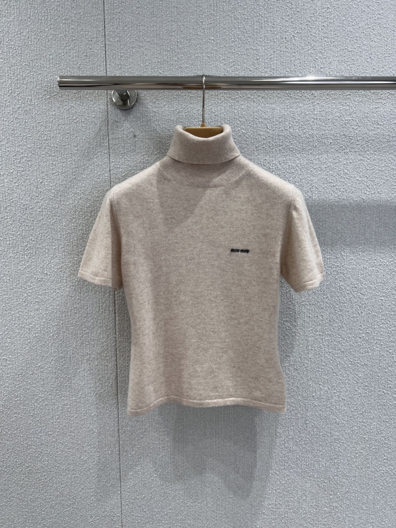 Miu Miu Oatmeal Short-Sleeve High-Neck Cashmere Sweater | Luxe 100% Cashmere Knitwear