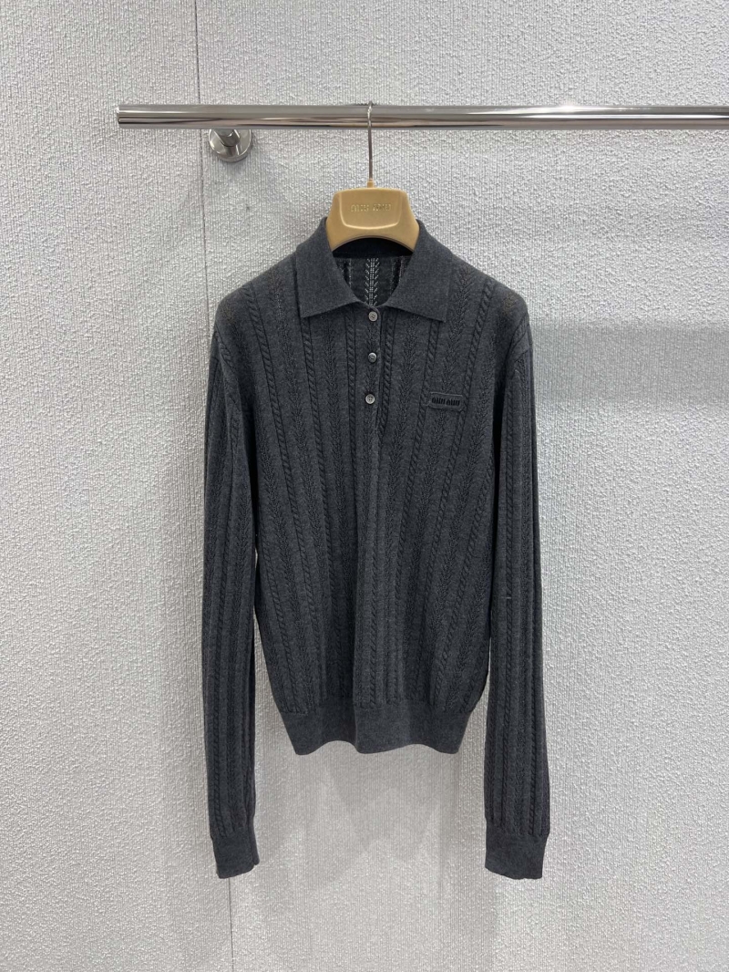 Miu Miu Exclusive 100% Cashmere Cable Knit Polo Shirt in Dark Gray
