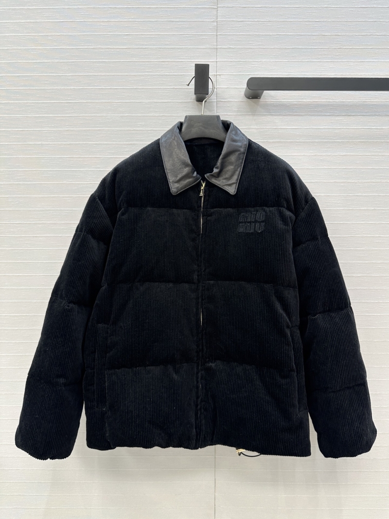 Miu Miu Exclusive Corduroy Down Jacket with Genuine Leather Collar - H-Line Silhouette