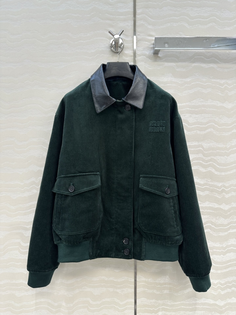 Miu Miu Unisex Luxe Corduroy Bomber Jacket with Genuine Lamb Leather Collar in Exclusive Jewel Green