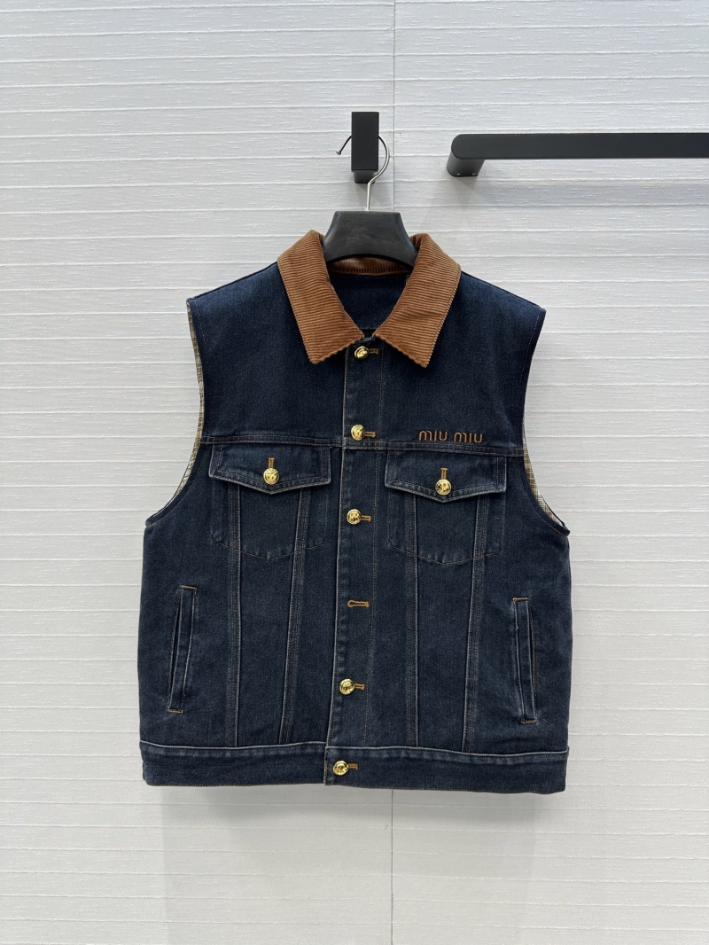 Miu Miu Exclusive Denim Quilted Vest with Corduroy Collar - Dark Blue