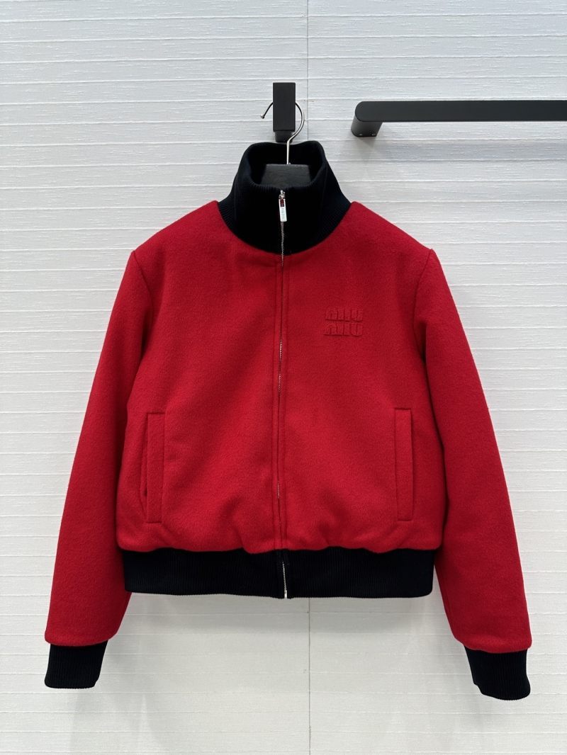 Miu Miu Red Wool-Blend Bomber Jacket with Embroidered Logo and Plaid Lining