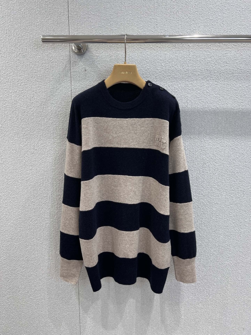 Miu Miu Unisex Striped Wool Sweater in Navy and Beige | Relaxed Fit with Vintage Button Detail