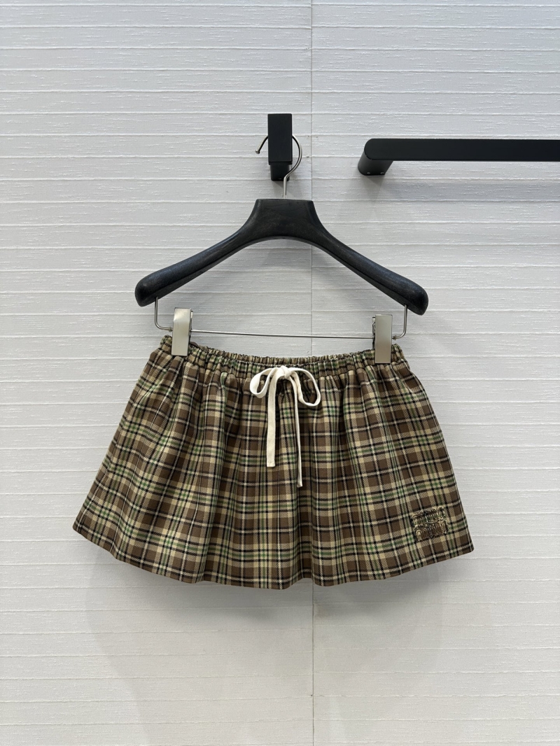 Miu Miu Women's Plaid Mini Skirt - Exquisite Imported Wool Blend, Double-Layered Design, Drawstring Waist, Embroidered Logo, English Preppy Style