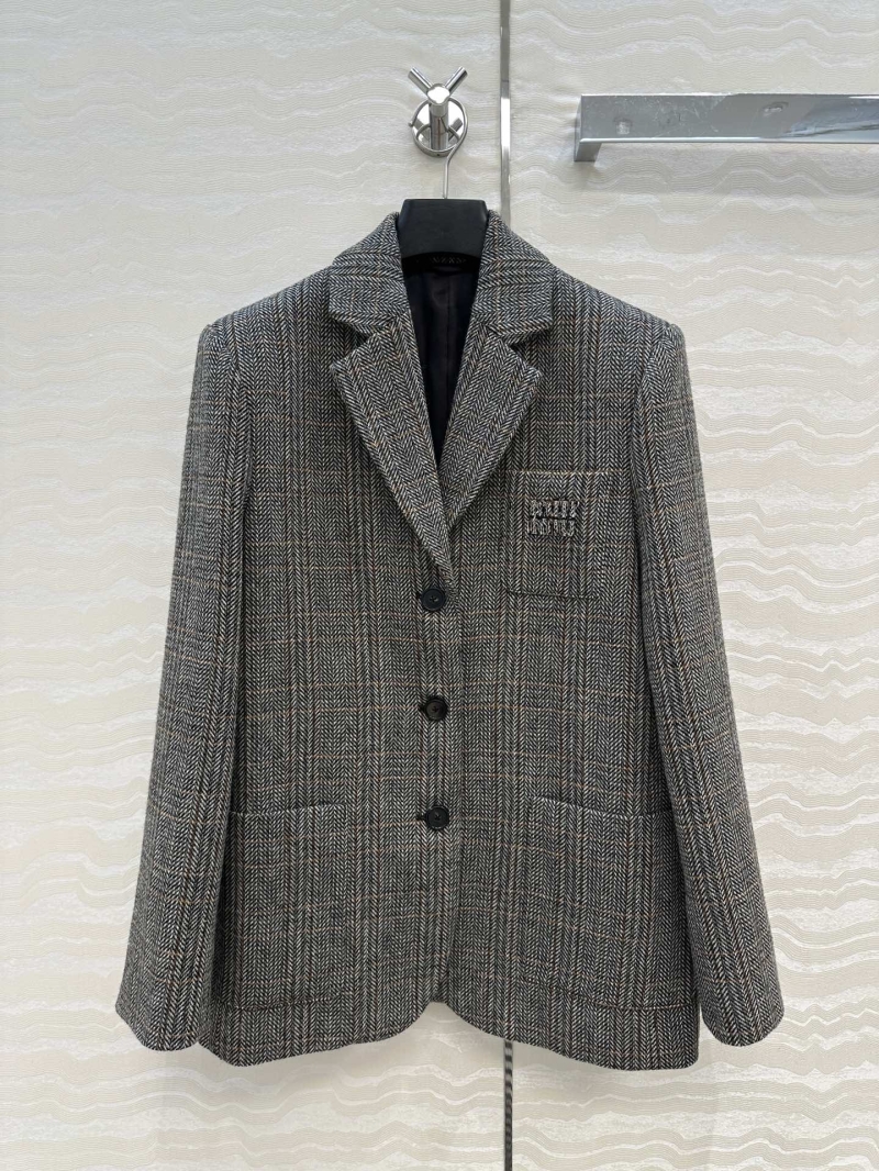 Miu Miu Women's Wool Blazer Jacket - Exquisite Vintage Plaid, Tailored Fit, Luxe 100% Wool, Grey