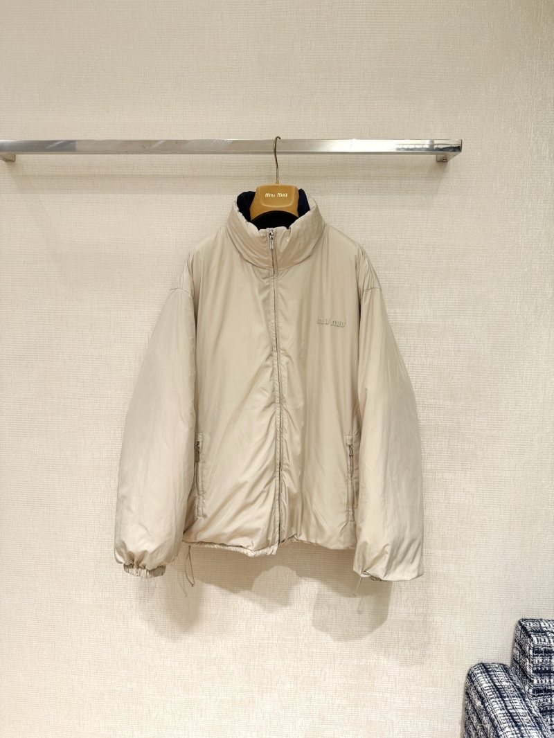 Miu Miu Women's & Men's Reversible Down Jacket - Sumptuous 90% White Goose Down, Featherlight & Luxe in Beige & Navy Blue