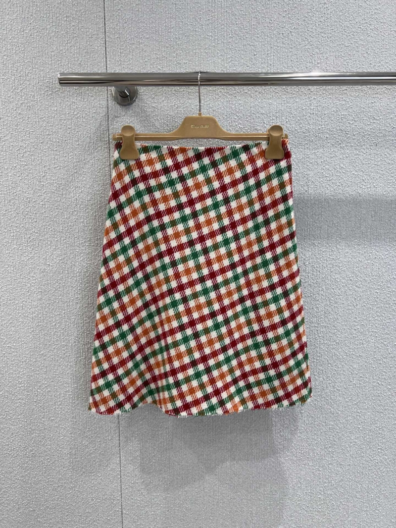 Miu Miu Women's Wool Blend Midi Skirt with Colorful Diagonal Plaid Pattern, Sumptuous & Tailored for Fall/Winter
