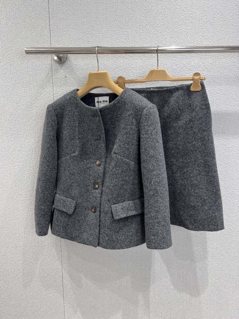 Miu Miu Women's Wool Tweed Coat & Skirt Set, Grey, Tailored Fit, Couture-Inspired, Asymmetric Buttons, A-Line Skirt