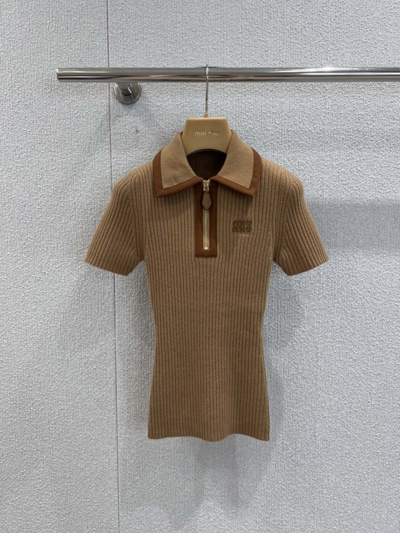 Miu Miu Ribbed Knit Short-Sleeve Polo Sweater in Camel | Cashmere Blend, Slim Fit, Embroidered Logo