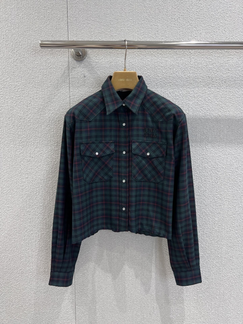 Miu Miu Cropped Plaid Shirt | Retro Tartan Pattern, Short Length, Embroidered Logo, Forest Green & Burgundy
